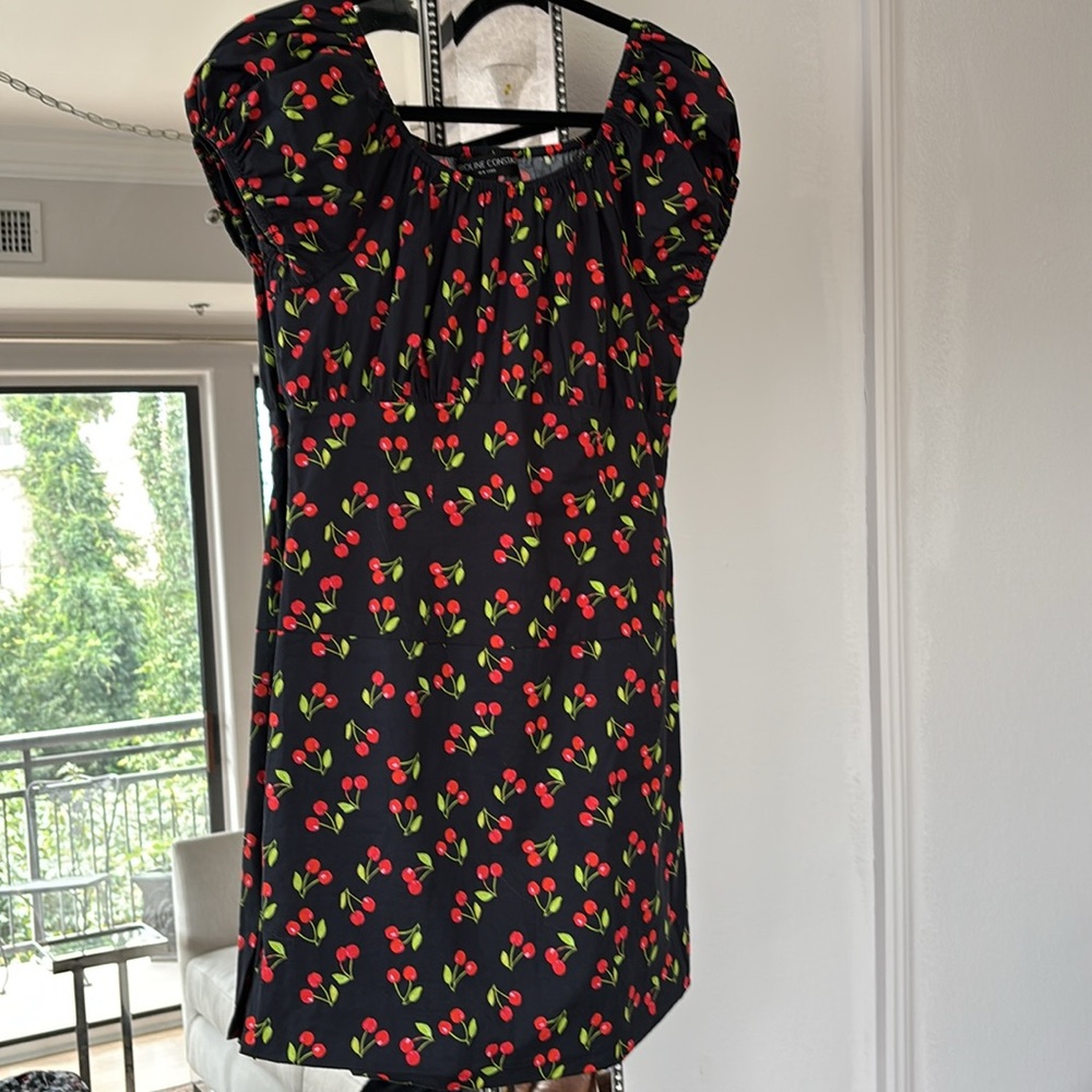 EUC Caroline Constas Black Mini Dress with Cherry and Leaf Print Size L